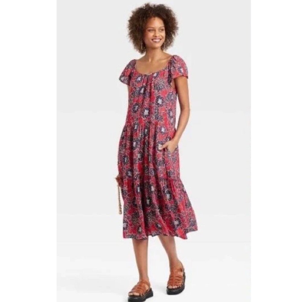 Knox Rose Women's Dress Small Red Short Sleeve Floral Print Midi Ruffle New